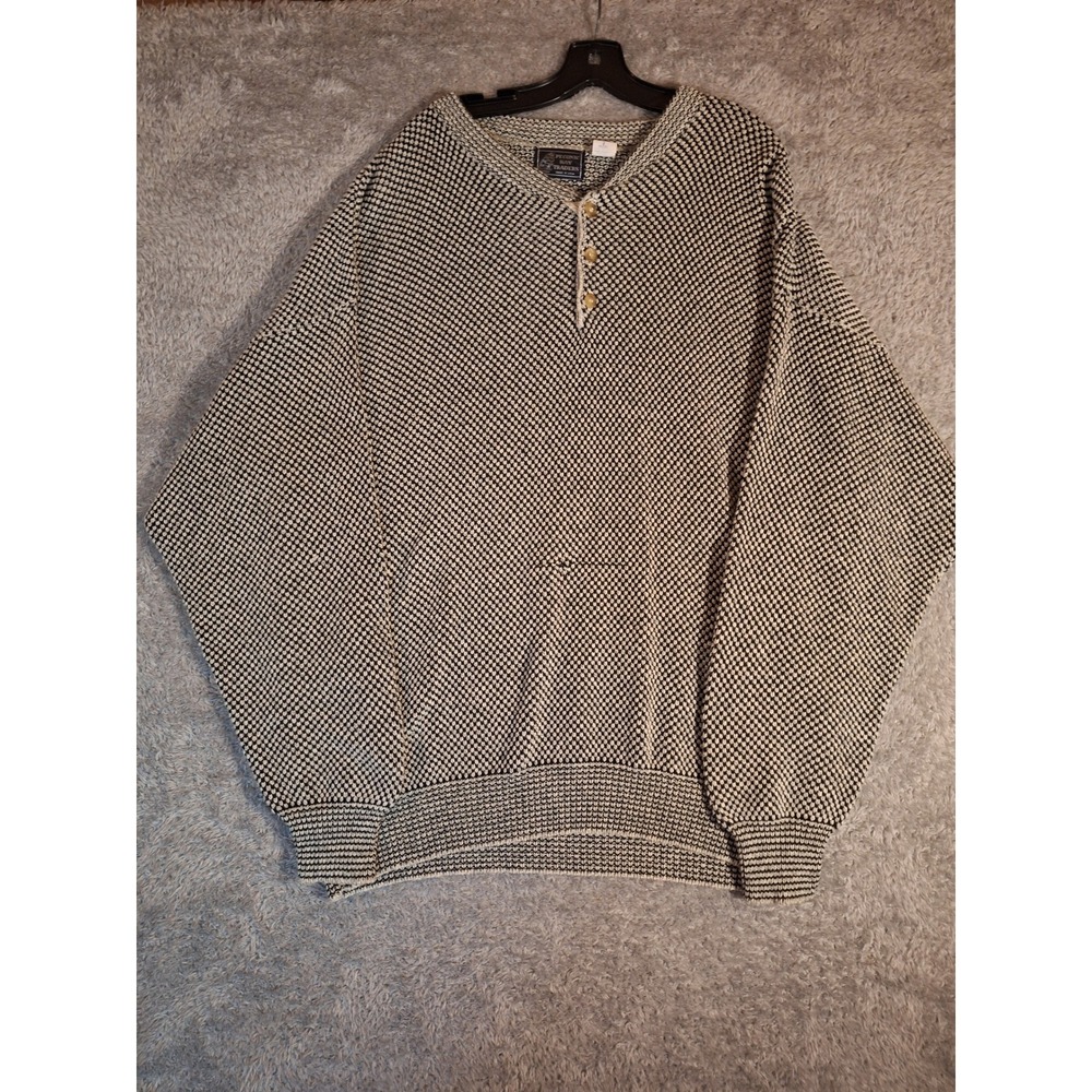 Vintage 90s Peconic Bay Traders Henley Sweater Mens XXL Black Cream Textured USA